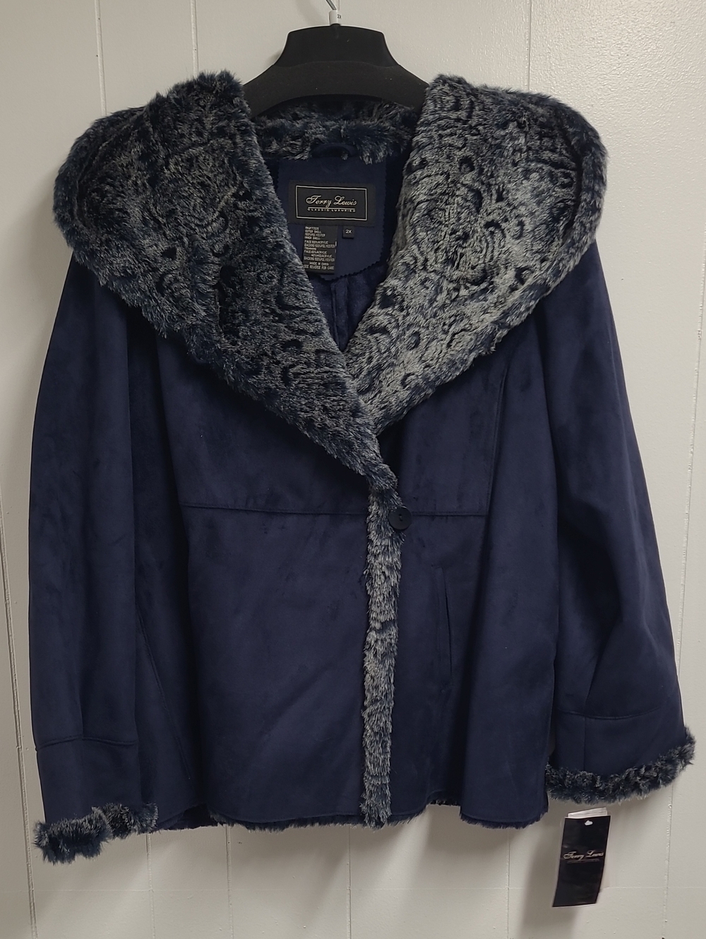 Terry Lewis Classic Luxuries Navy Blue Faux-Suede Hooded Jacket Faux Fur Size 2X